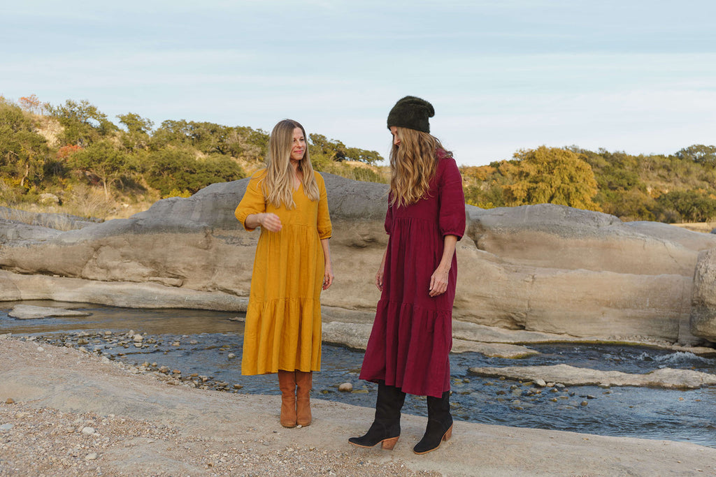 Together Segal Amy & Melissa Wearing Day Dress in Winter, Pedernales Falls, Austin, TX