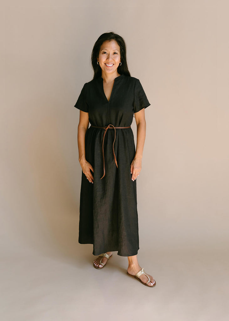 Together Segal everyday long dress for petite women in black and white linen Together Segal everyday long dress for petite women in black and white linen